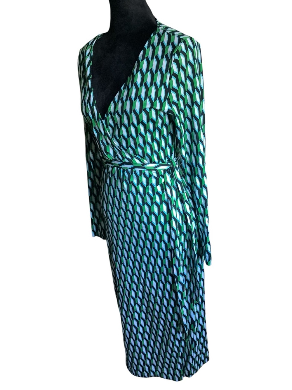 DVF for Target Wrap Dress Medium Green Blue Geometric Long Sleeve - Picture 6 of 9